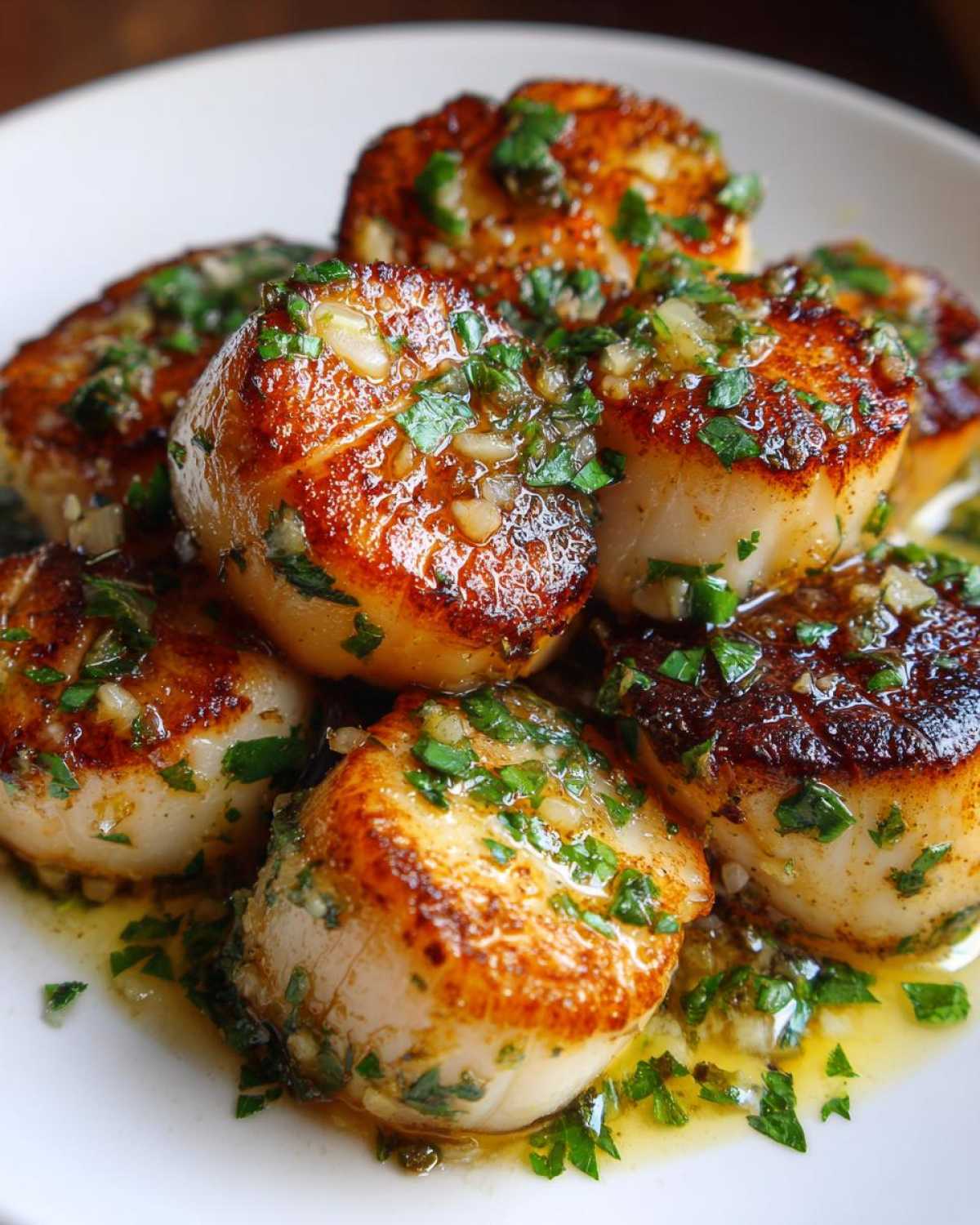 Close-up of seared Garlic Butter Scallops with Lemon, drizzled with butter, garlic, and parsley sauce.