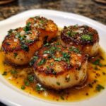 Four perfectly seared Garlic Butter Scallops with Lemon, glistening in a rich sauce topped with fresh parsley.