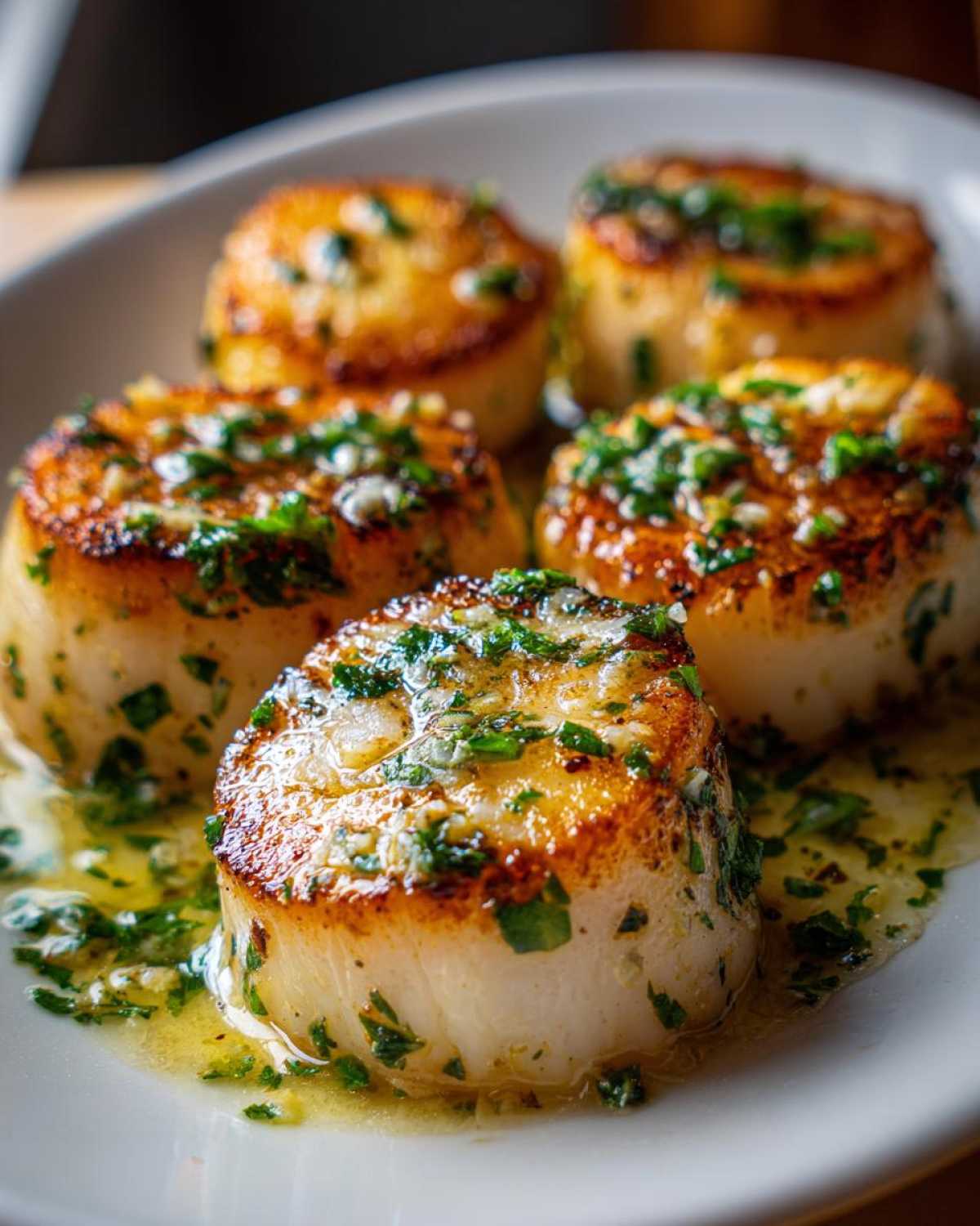 Close-up of five seared Garlic Butter Scallops with Lemon, glistening in butter sauce and topped with parsley.