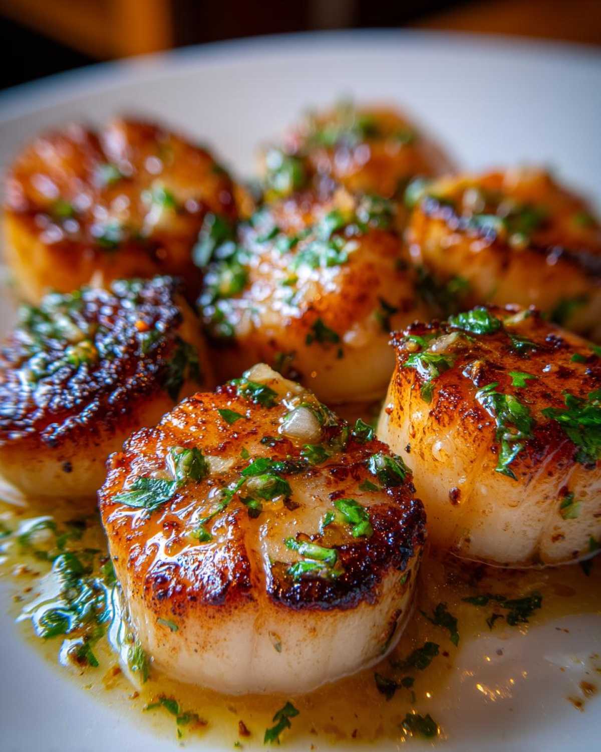 Close-up of seared Garlic Butter Scallops with Lemon, glistening in butter sauce and topped with fresh parsley.