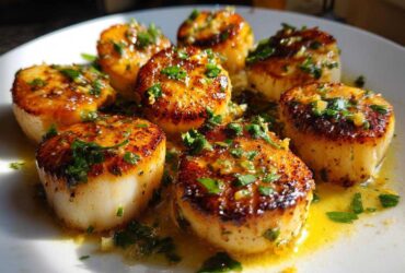 Close-up of seared Garlic Butter Scallops with Lemon, glistening in butter sauce and topped with fresh parsley.