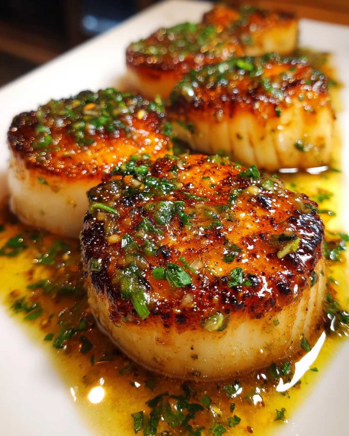 Close-up of four seared Garlic Butter Scallops with Lemon, glistening in a rich, herby sauce.