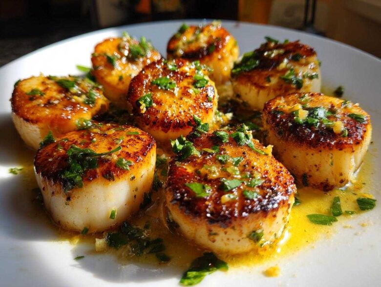 Close-up of seared Garlic Butter Scallops with Lemon, glistening in butter sauce and topped with fresh parsley.