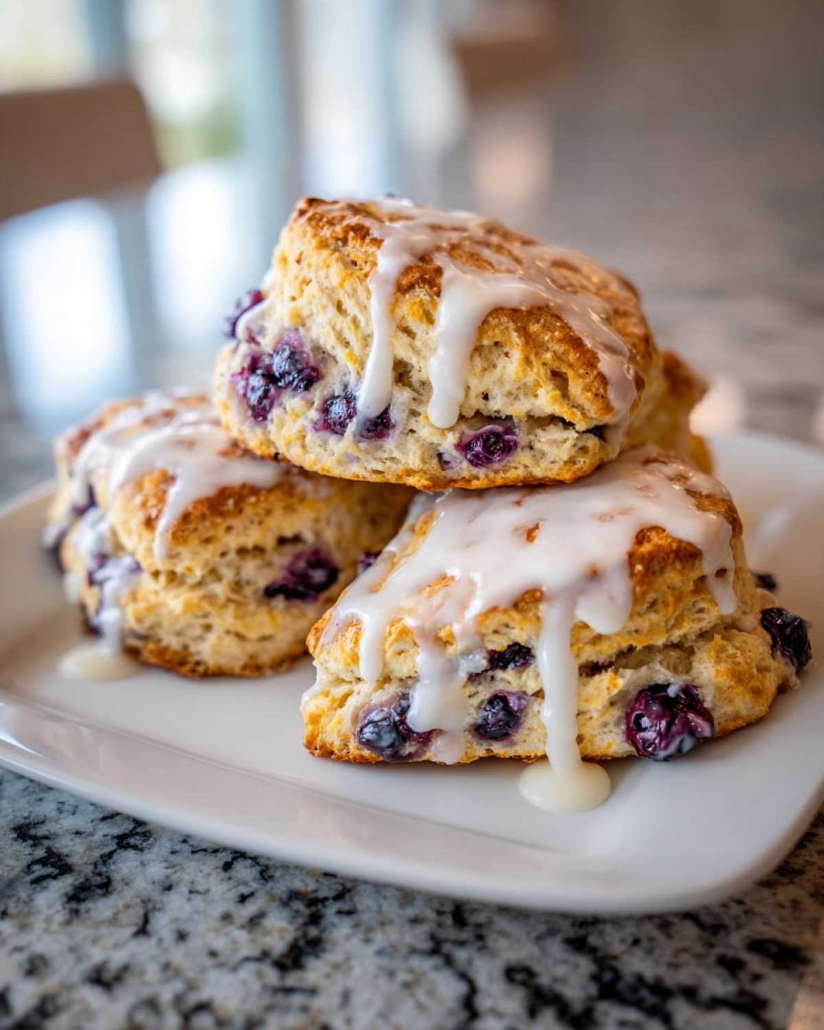 A stack of three freshly baked Blueberry Lemon Scones topped with a thick, dripping white glaze.