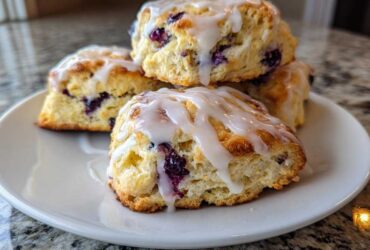 Close-up of several glazed Blueberry Lemon Scones stacked on a white plate, showing visible blueberries.
