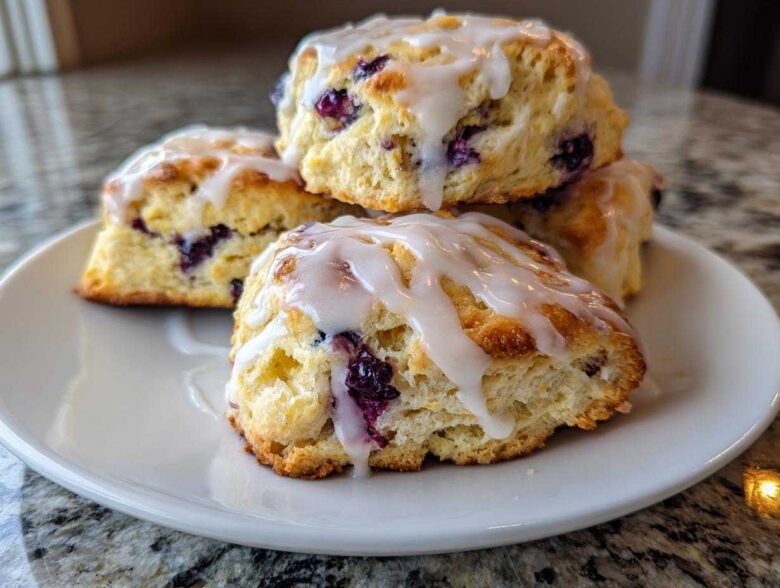 Close-up of several glazed Blueberry Lemon Scones stacked on a white plate, showing visible blueberries.