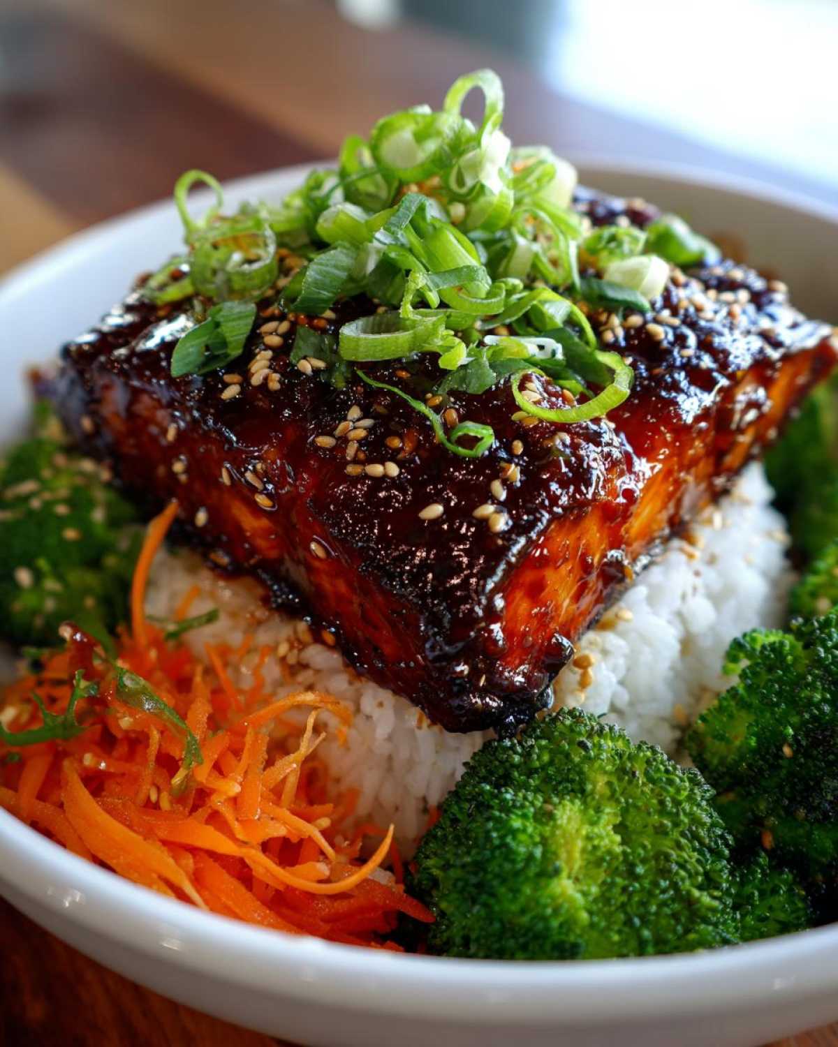 A piece of glazed salmon topped with sesame seeds and green onions served over rice in Teriyaki Salmon Rice Bowls.
