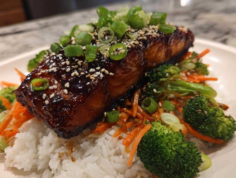 Close-up of a glazed Teriyaki Salmon fillet served over white rice with broccoli, shredded carrots, and green onions.