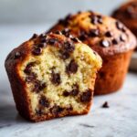 Close-up of a Gluten-Free Banana Chocolate Chip Muffin cut in half, showing moist crumb and melted chocolate chips.