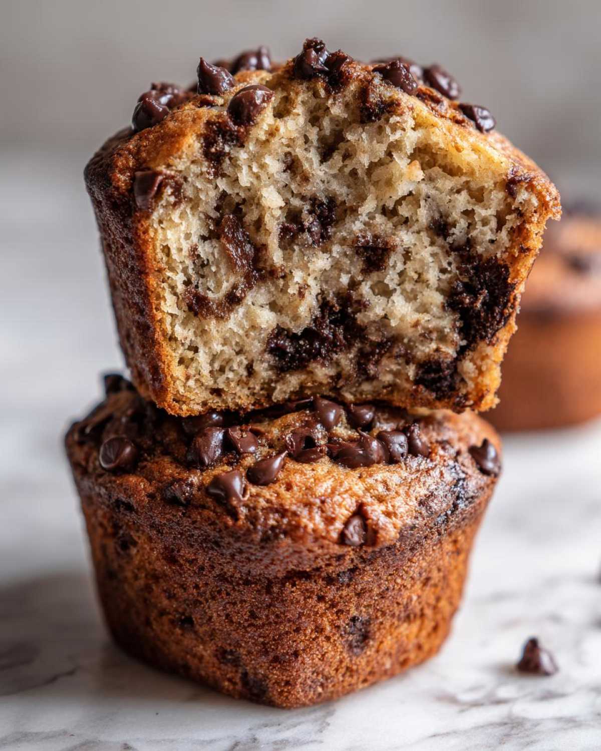 Close-up of a Gluten-Free Banana Chocolate Chip Muffin cut in half showing the moist crumb and melted chocolate chips.