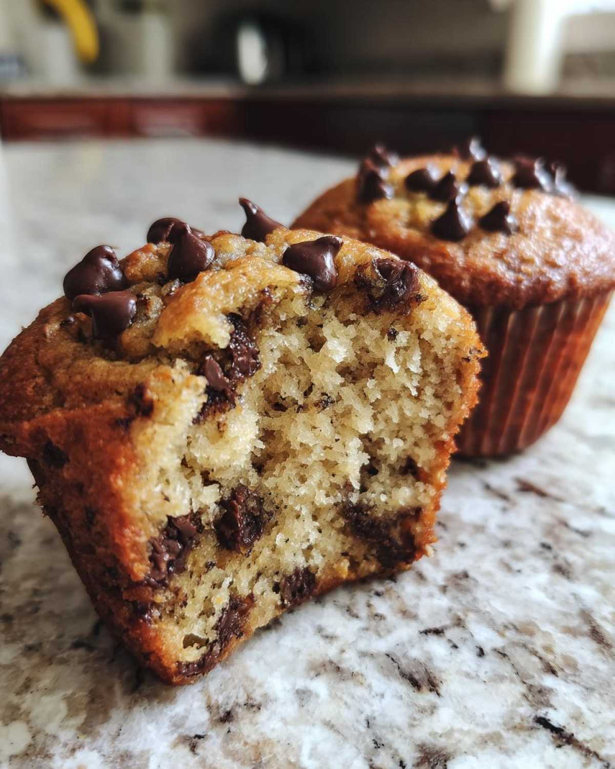 Close-up of a Gluten-Free Banana Chocolate Chip Muffin cut in half, showing moist texture and chocolate chips.