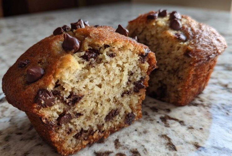 A Gluten-Free Banana Chocolate Chip Muffin cut in half showing the moist interior filled with chocolate chips.