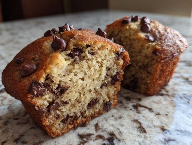 A Gluten-Free Banana Chocolate Chip Muffin cut in half showing the moist interior filled with chocolate chips.