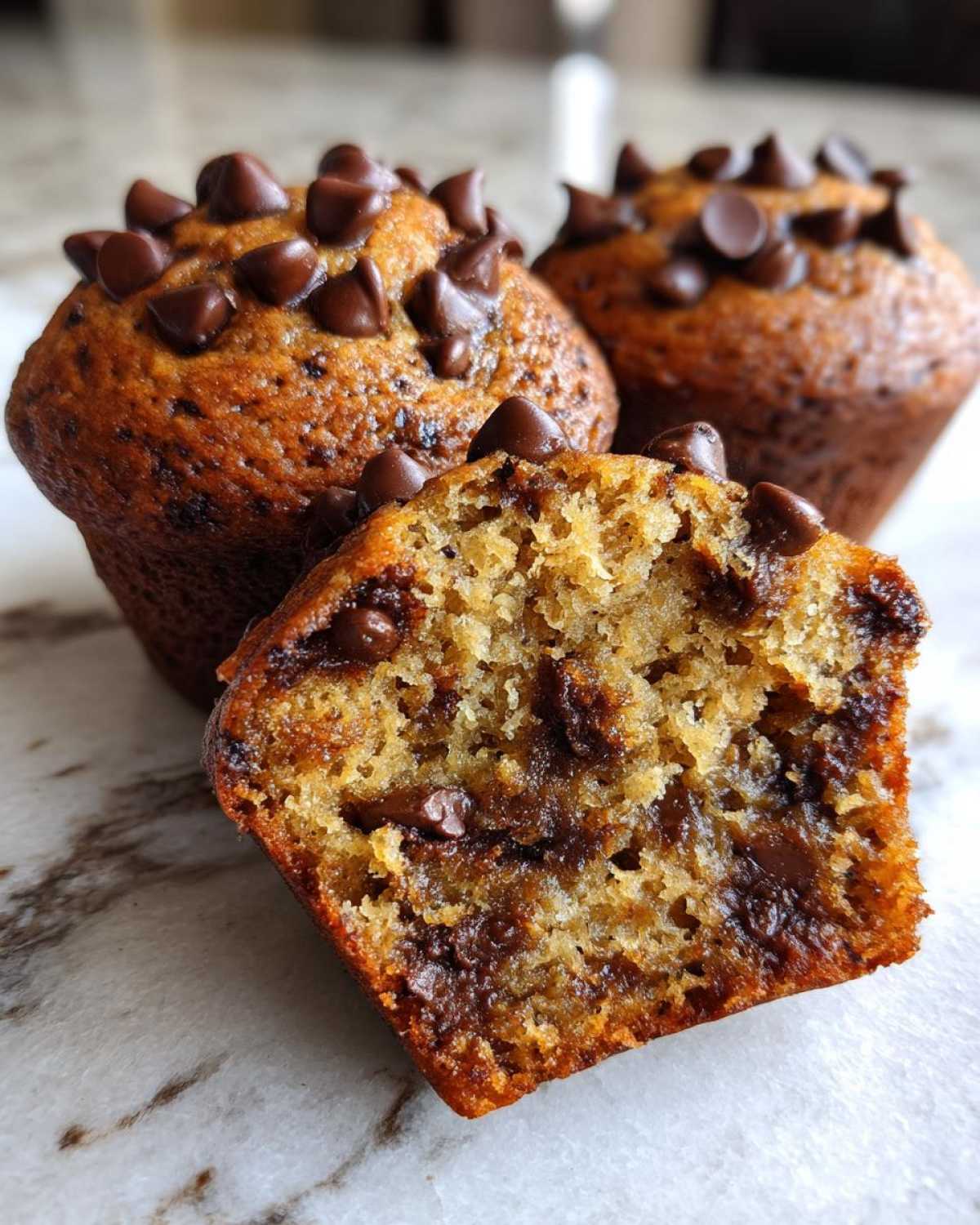 Close-up of a Gluten-Free Banana Chocolate Chip Muffin cut in half showing moist texture and melted chocolate chips.