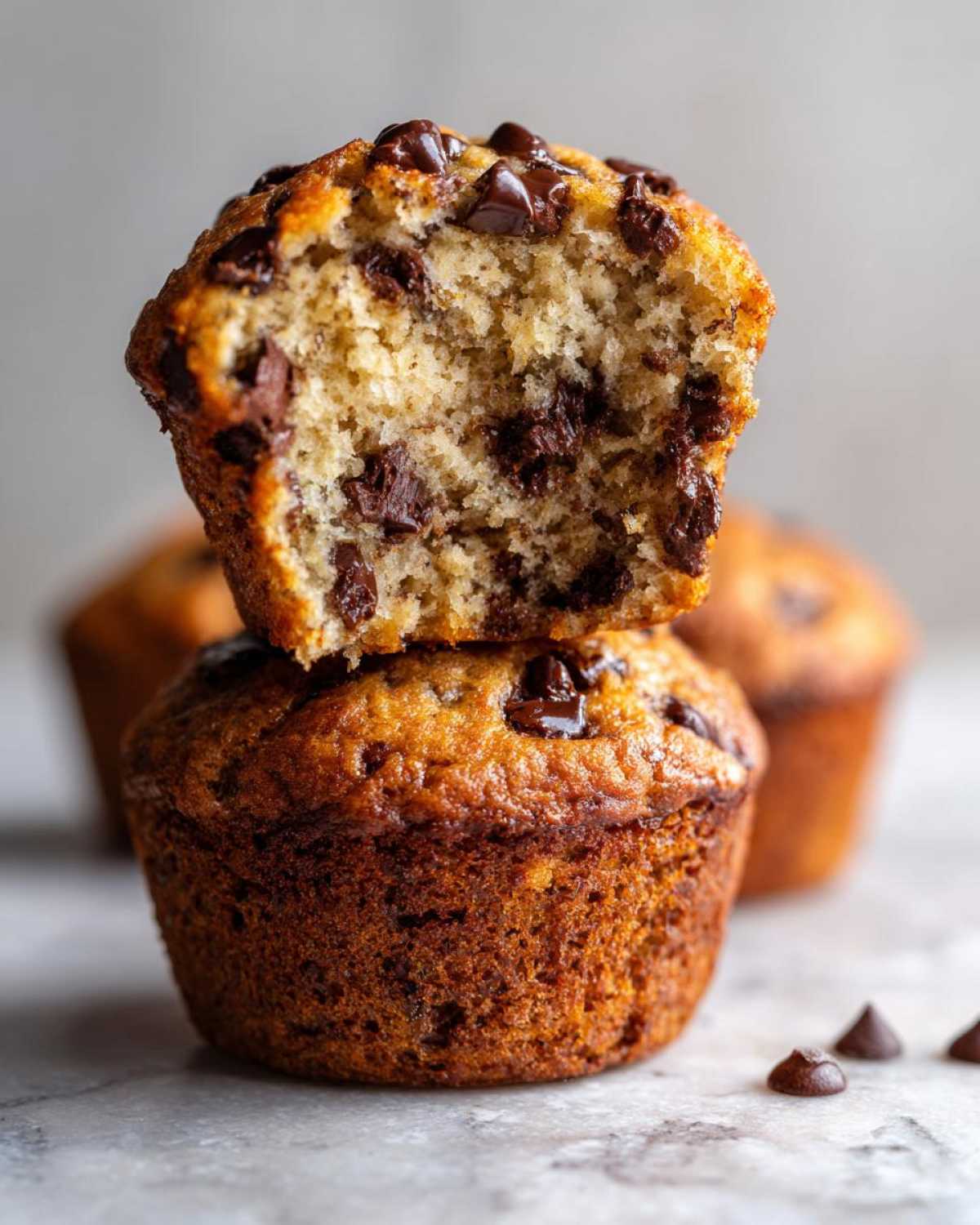 A Gluten-Free Banana Chocolate Chip Muffin cut in half and stacked on a whole one, showing moist interior and melted chocolate chips.