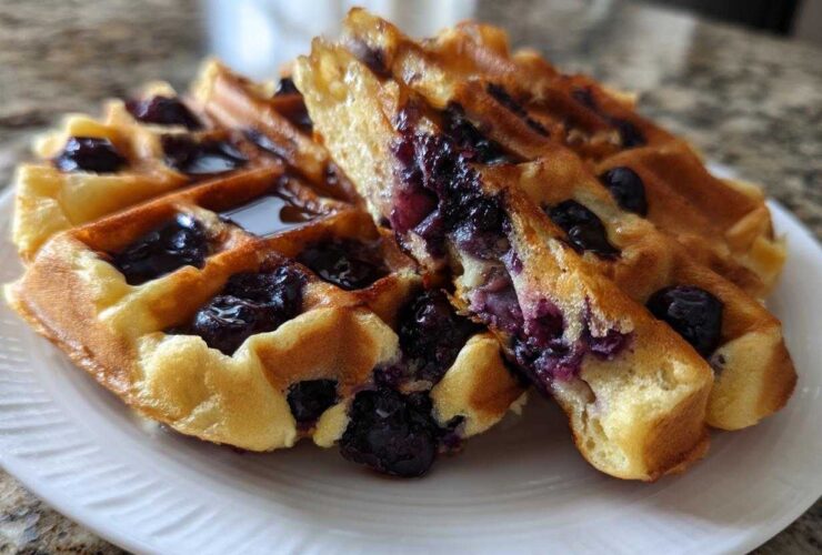Close-up of fluffy Gluten-Free Blueberry Waffles, one piece cut open showing juicy blueberries inside, drizzled with syrup.