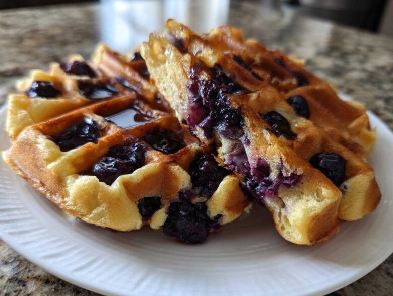 Close-up of fluffy Gluten-Free Blueberry Waffles, one piece cut open showing juicy blueberries inside, drizzled with syrup.