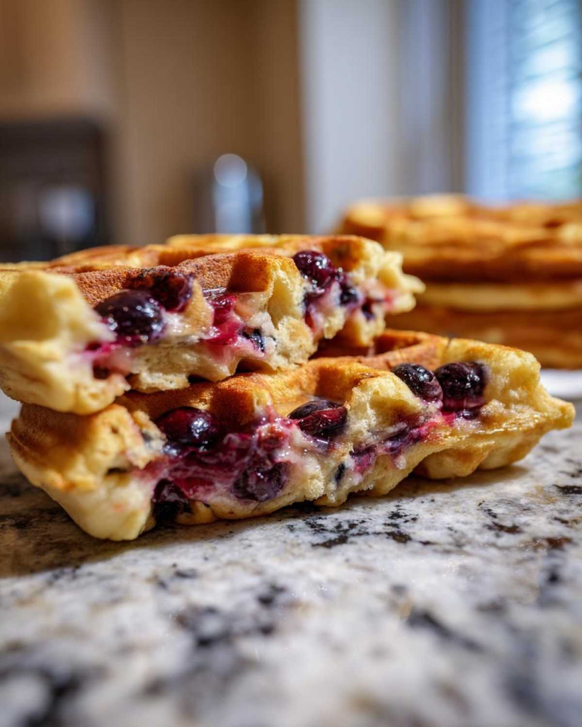 Close-up of Gluten-Free Blueberry Waffles cut in half showing juicy, cooked blueberries inside.