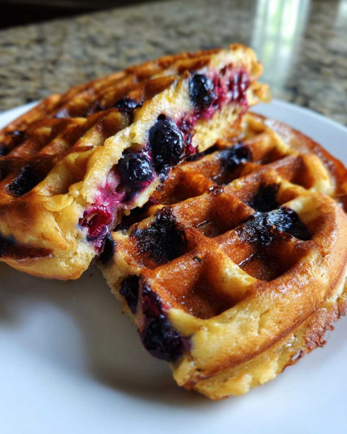 Close-up of a golden Gluten-Free Blueberry Waffles cut in half, showing juicy, burst blueberries inside.
