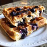 Close-up of two stacked Gluten-Free Blueberry Waffles drizzled with syrup and bursting with cooked blueberries.