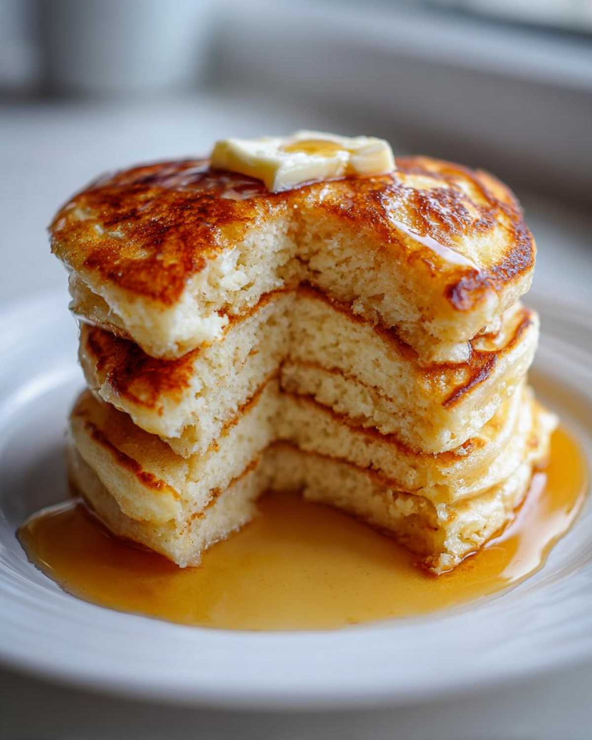 Close-up of a stack of fluffy Gluten-Free Buttermilk Pancakes with a bite taken out, topped with melting butter and syrup.