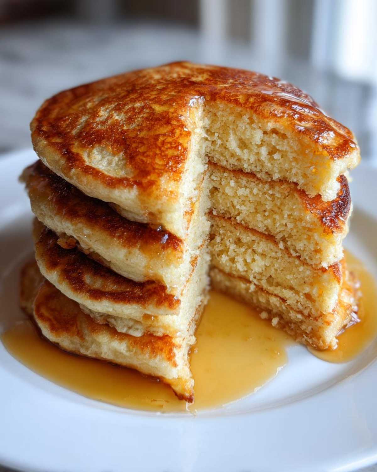 A tall stack of fluffy Gluten-Free Buttermilk Pancakes, cut to show the interior, drizzled generously with golden syrup.