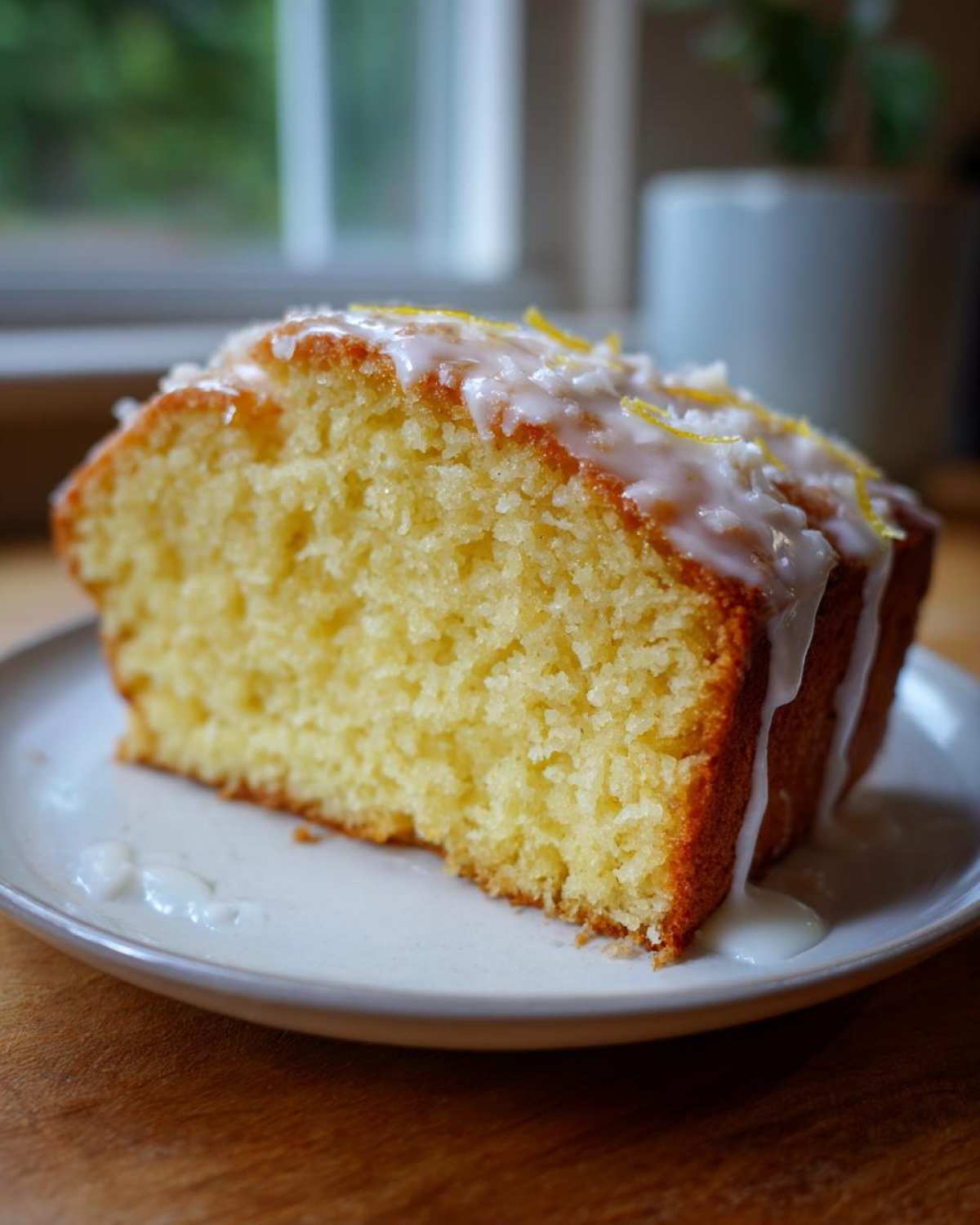 Close-up of a moist slice of Gluten-Free Lemon Coconut Cake topped with white glaze and zest.