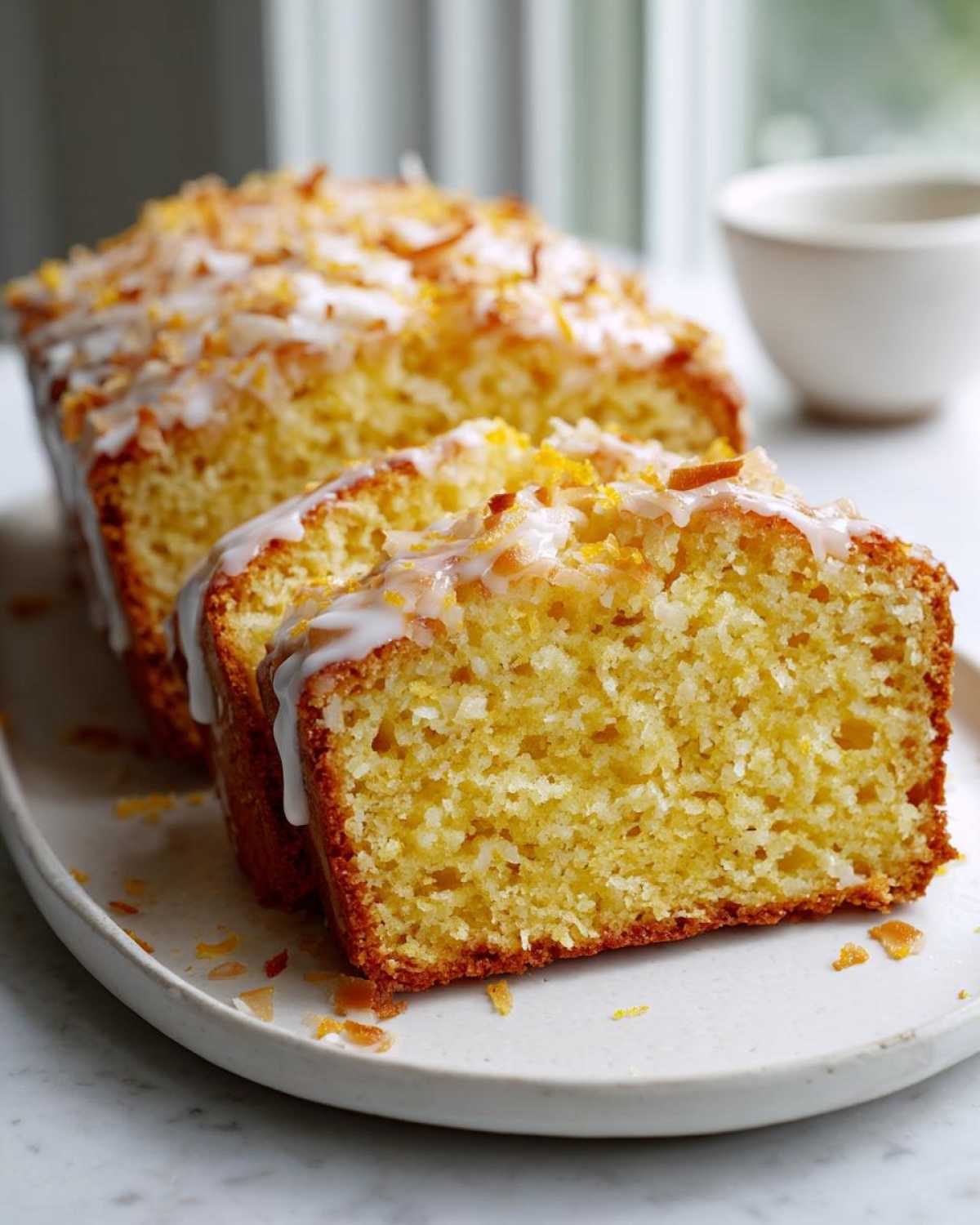 Close-up of sliced Gluten-Free Lemon Coconut Cake drizzled with white glaze and topped with toasted coconut.