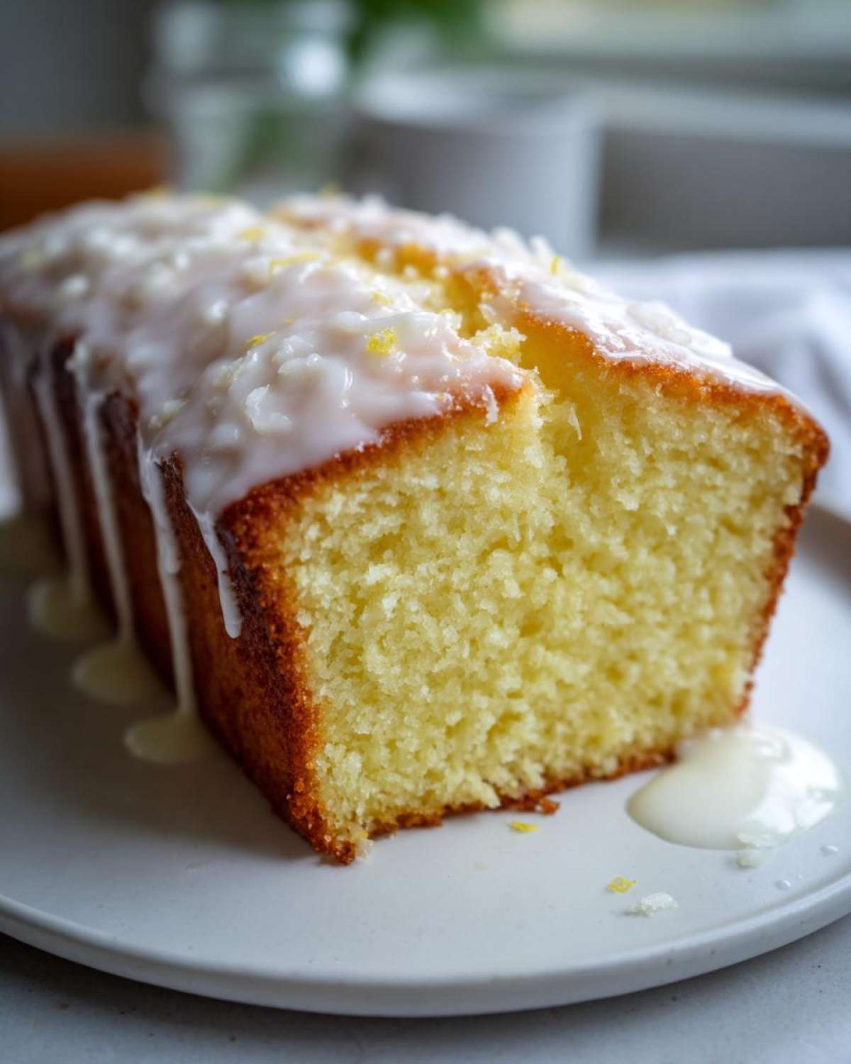 Close-up of a moist slice of Gluten-Free Lemon Coconut Cake topped with white glaze and lemon zest.