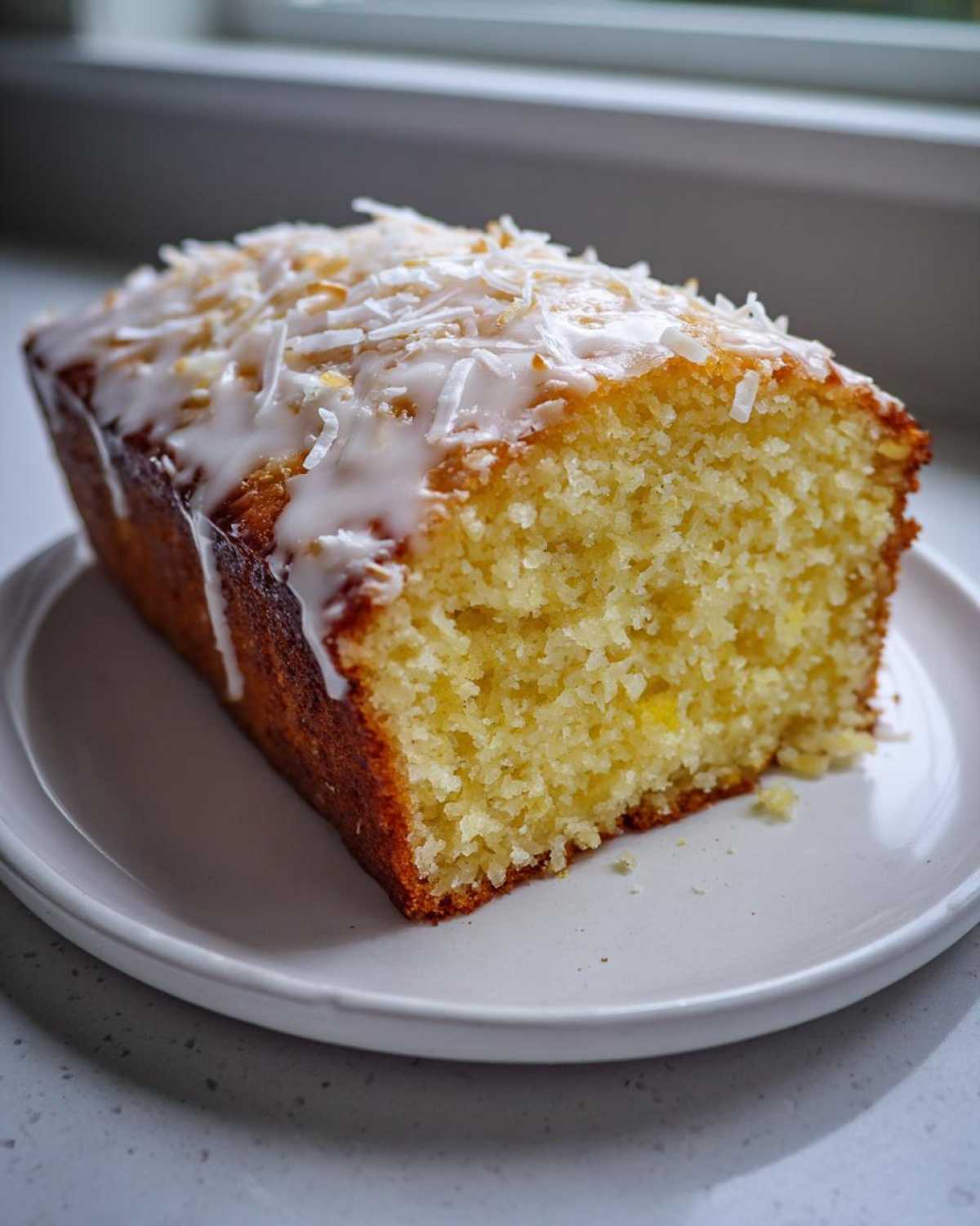 A moist slice of Gluten-Free Lemon Coconut Cake topped with white glaze and shredded coconut.
