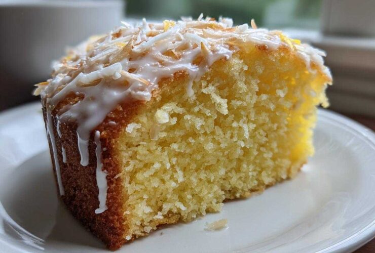 Close-up of a moist slice of Gluten-Free Lemon Coconut Cake topped with white glaze and toasted coconut flakes.