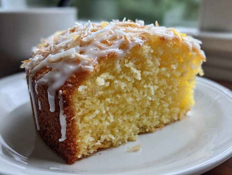 Close-up of a moist slice of Gluten-Free Lemon Coconut Cake topped with white glaze and toasted coconut flakes.