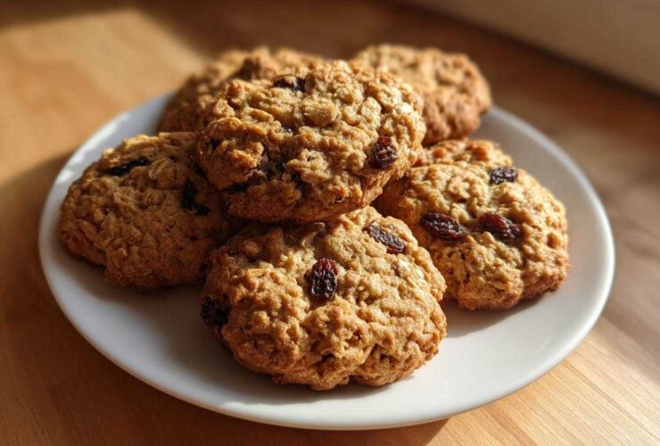 A close-up of several freshly baked Gluten-Free Oatmeal Raisin Cookies piled on a white plate.