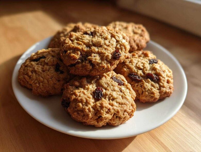A close-up of several freshly baked Gluten-Free Oatmeal Raisin Cookies piled on a white plate.