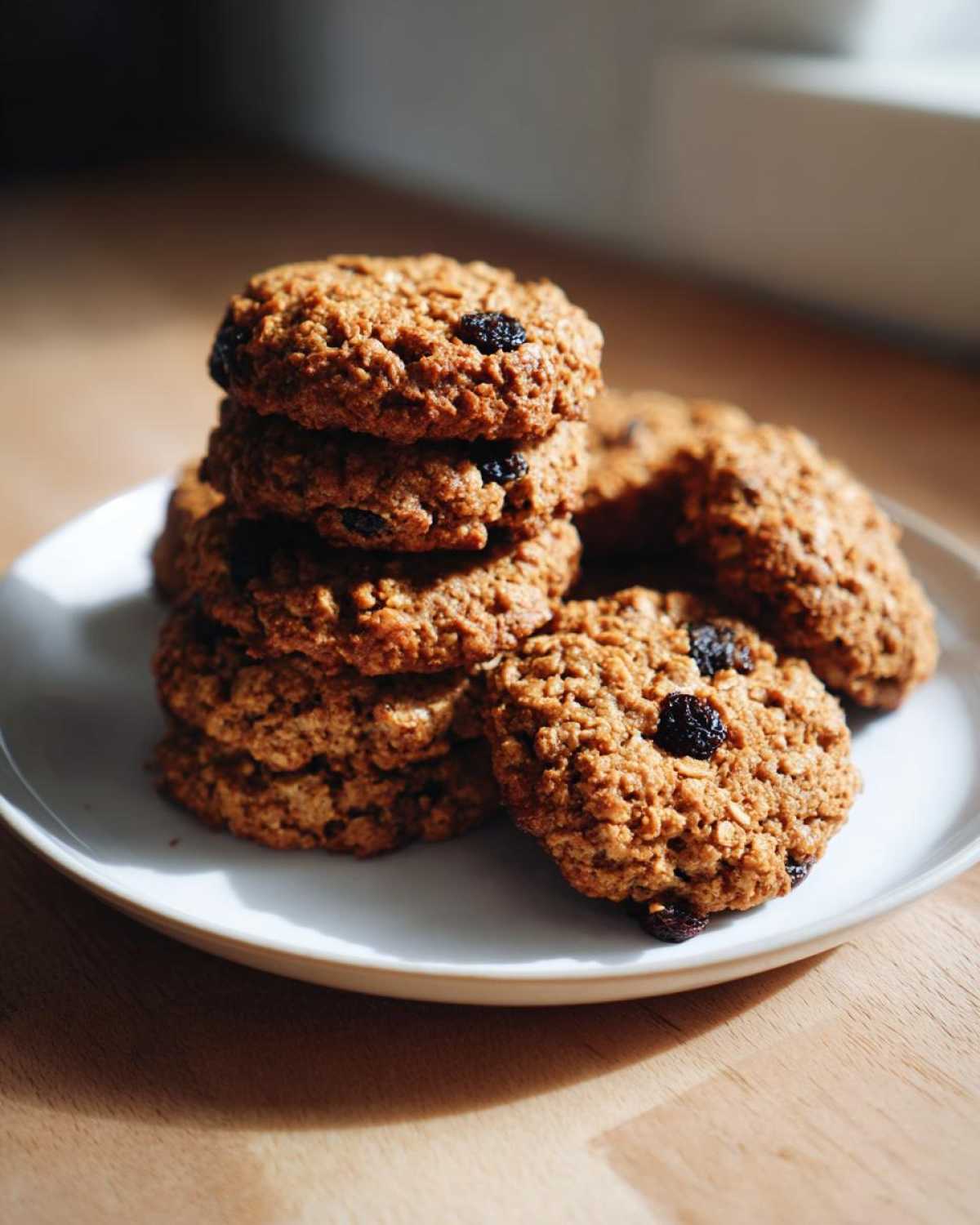 A stack of chewy Gluten-Free Oatmeal Raisin Cookies with visible raisins, resting on a white plate.
