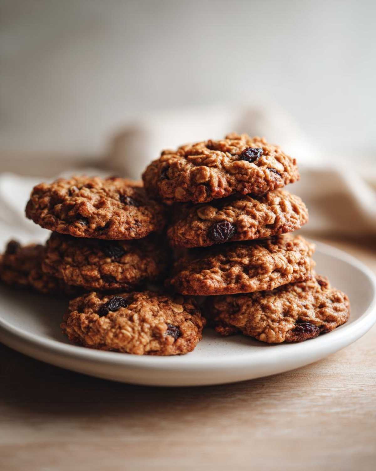 A tempting stack of freshly baked Gluten-Free Oatmeal Raisin Cookies resting on a light-colored plate.