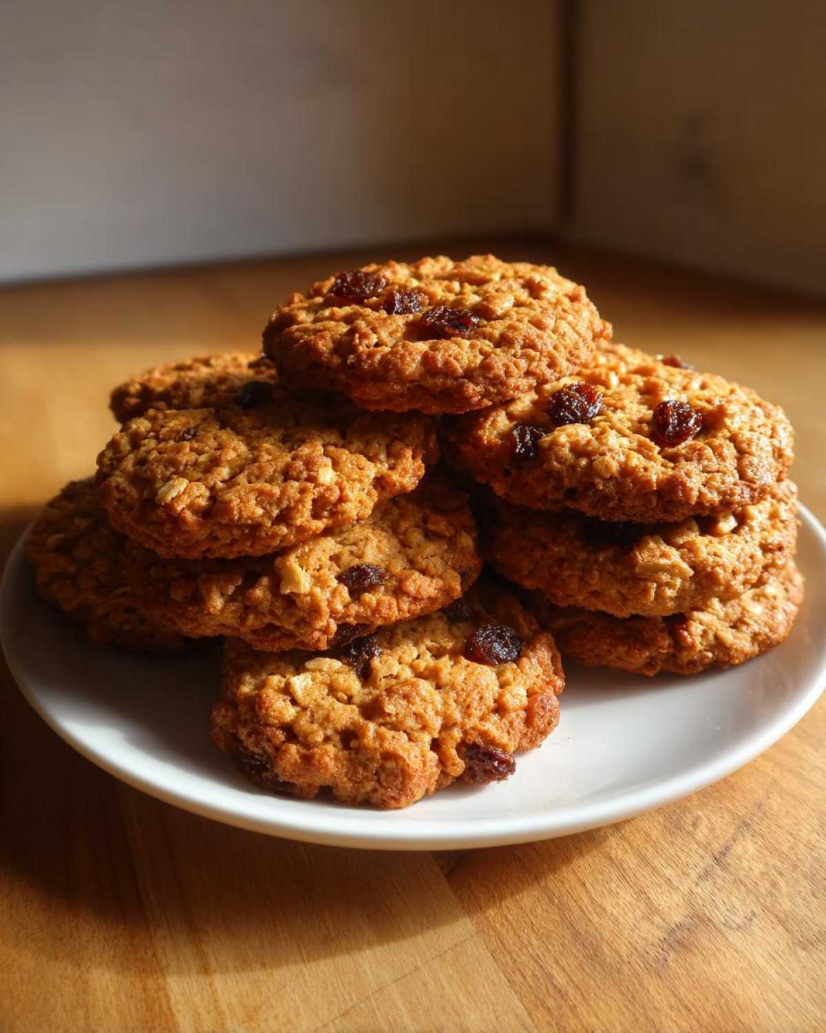 A stack of freshly baked Gluten-Free Oatmeal Raisin Cookies piled high on a white plate.