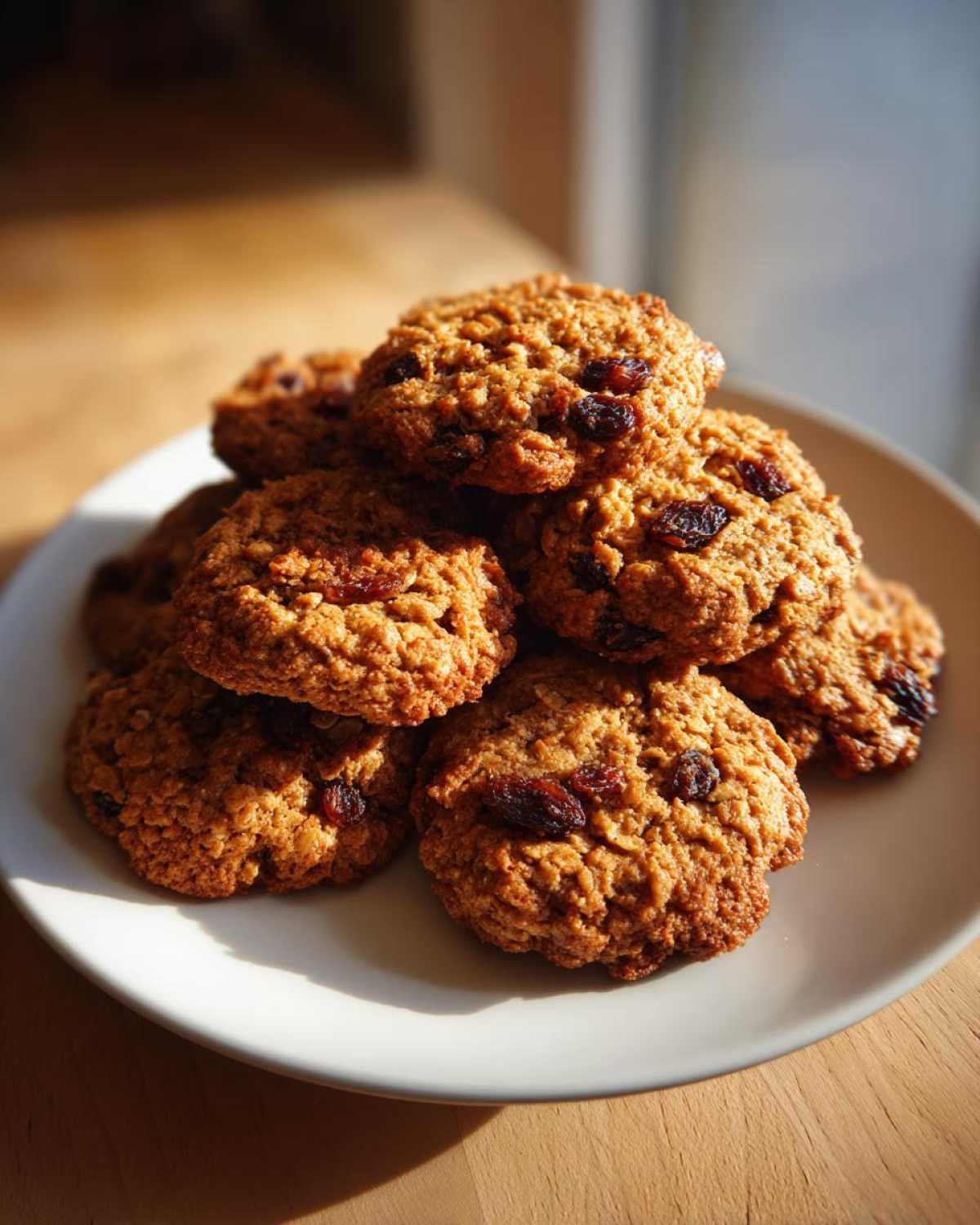 A stack of freshly baked Gluten-Free Oatmeal Raisin Cookies piled high on a white plate.
