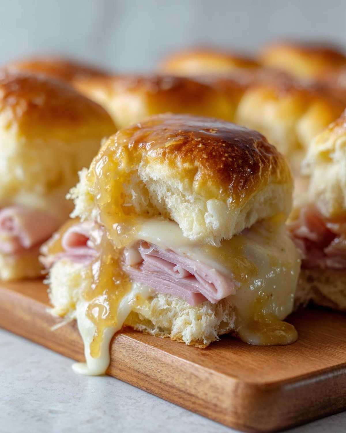 Close-up of a Hawaiian Roll Ham and Cheese Slider with melted cheese and honey mustard glaze dripping down.