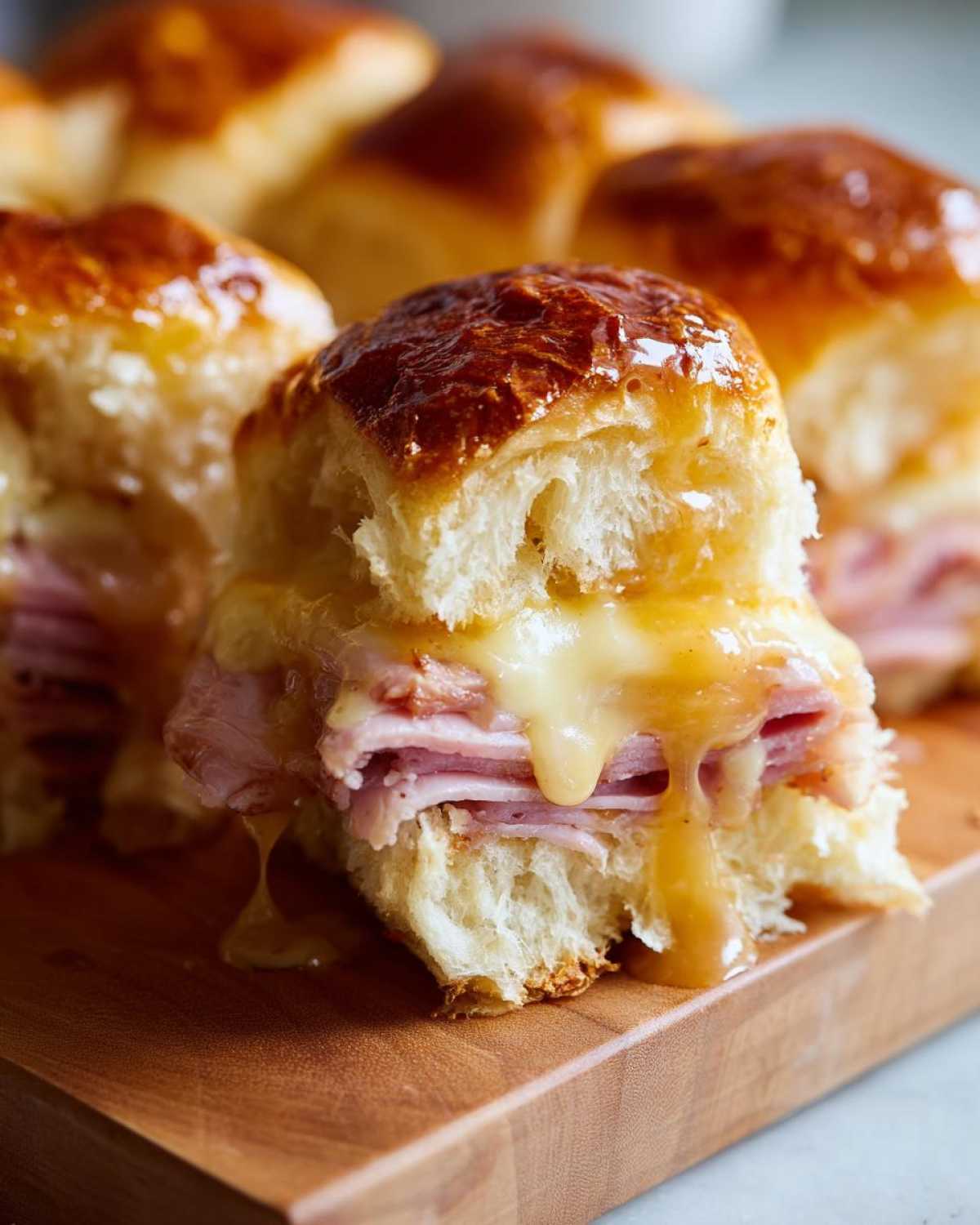 Close-up of a Hawaiian Roll Ham and Cheese Slider with melted cheese and honey mustard glaze dripping out.