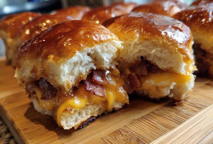 Close-up of a Hawaiian Roll Ham and Cheese Slider cut in half, showing melted cheese and bacon filling.