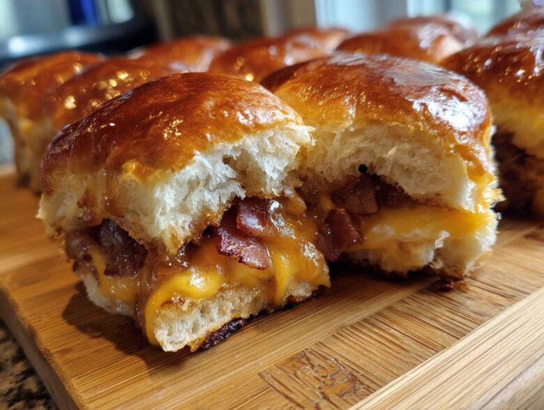 Close-up of a Hawaiian Roll Ham and Cheese Slider cut in half, showing melted cheese and bacon filling.