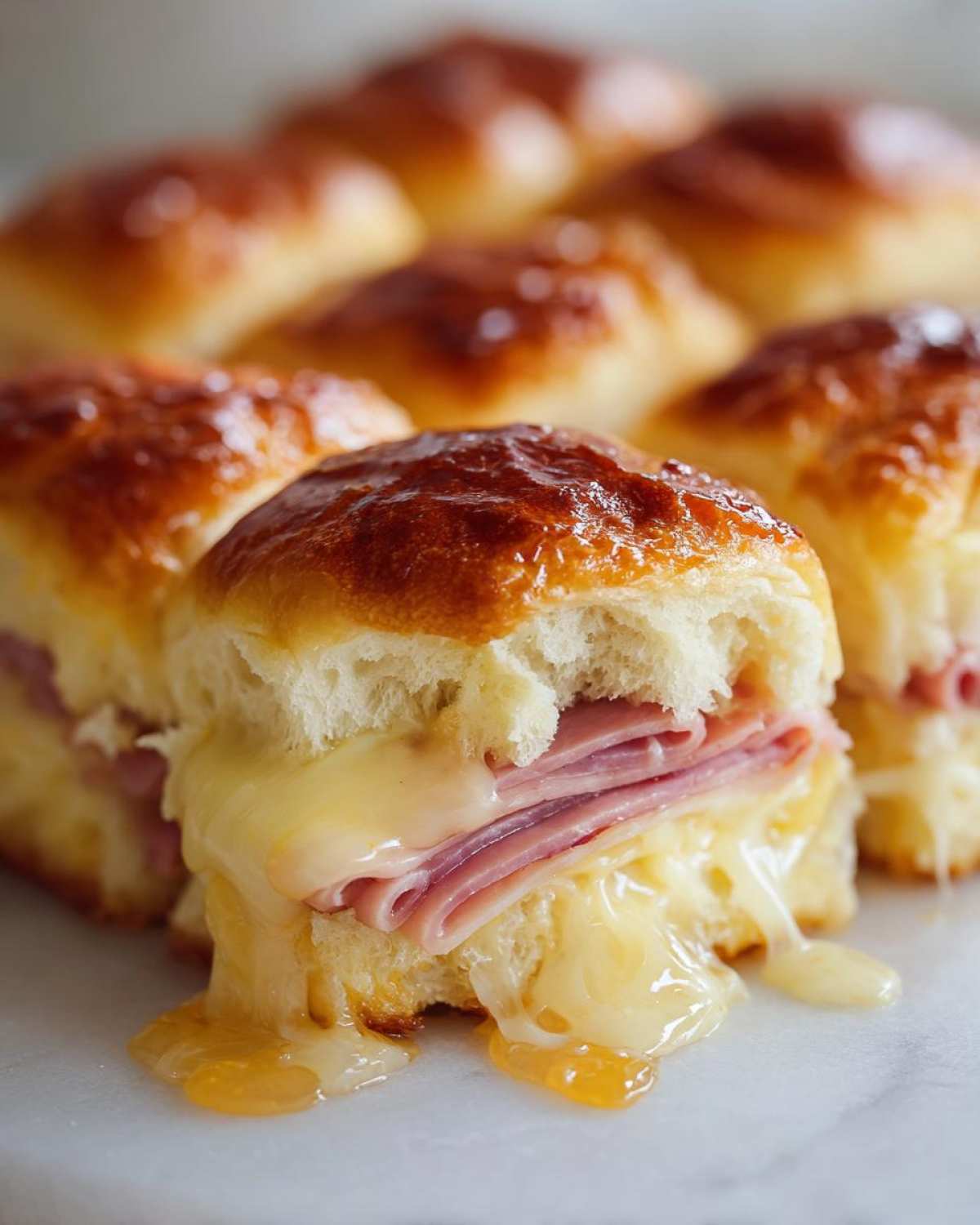 Close-up of Hawaiian Roll Ham and Cheese Sliders with melted cheese dripping out.
