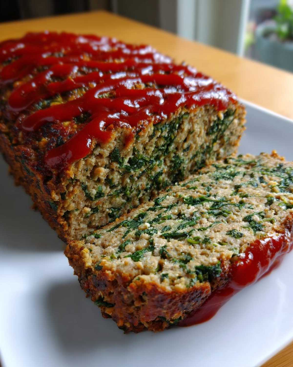 A sliced loaf of Healthy Turkey Spinach Meatloaf topped with a zigzag of ketchup glaze on a white plate.