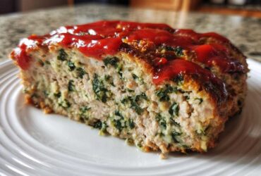 A thick slice of Healthy Turkey Spinach Meatloaf topped with a bright red ketchup glaze, showing green spinach throughout the turkey mixture.