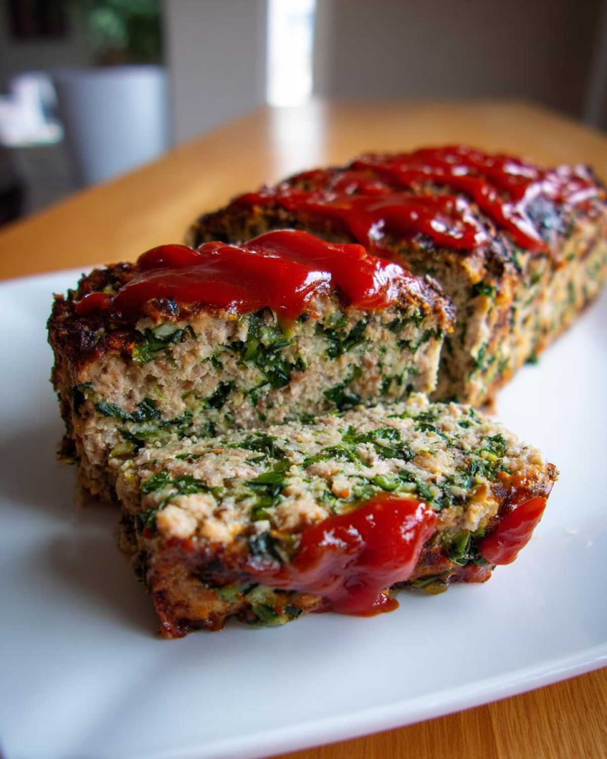Close-up of a slice of Healthy Turkey Spinach Meatloaf topped with ketchup on a white plate.