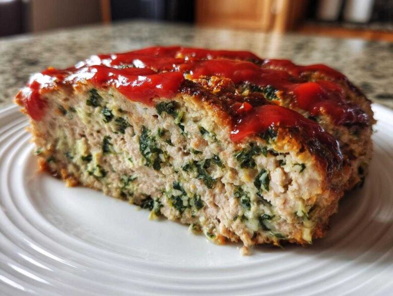 A thick slice of Healthy Turkey Spinach Meatloaf topped with a bright red ketchup glaze, showing green spinach throughout the turkey mixture.