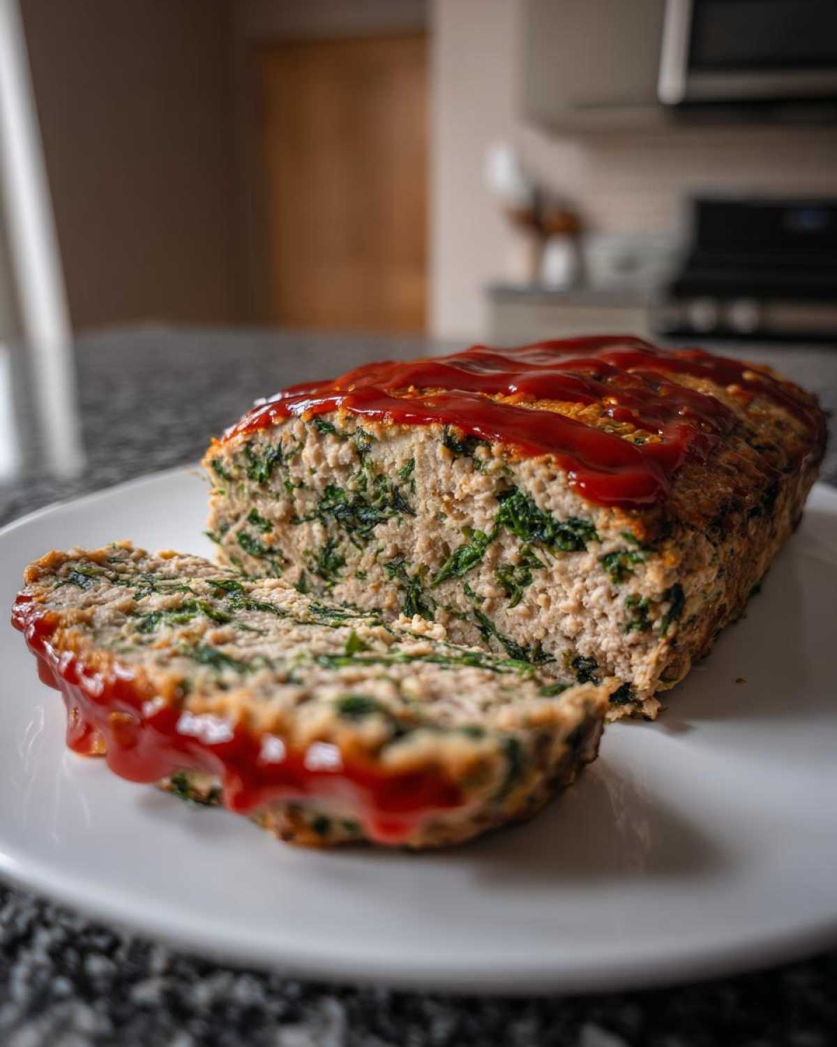 A sliced portion of Healthy Turkey Spinach Meatloaf topped with a thick ketchup glaze on a white plate.