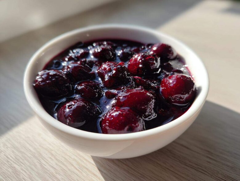 Close-up of thick, rich Homemade Blueberry Syrup with whole berries in a small white bowl.