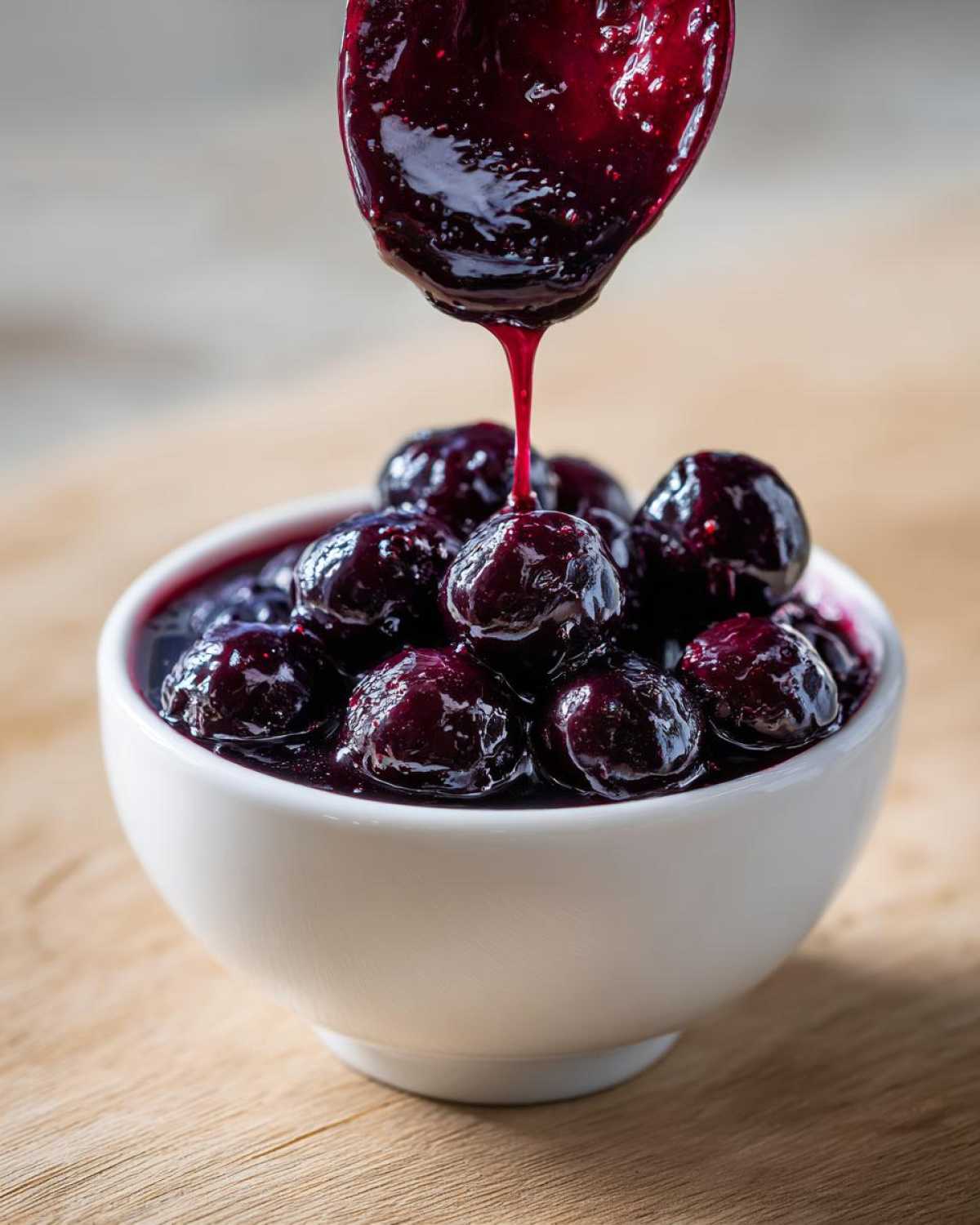A spoonful of thick, dark Homemade Blueberry Syrup is drizzled over whole blueberries in a white bowl.